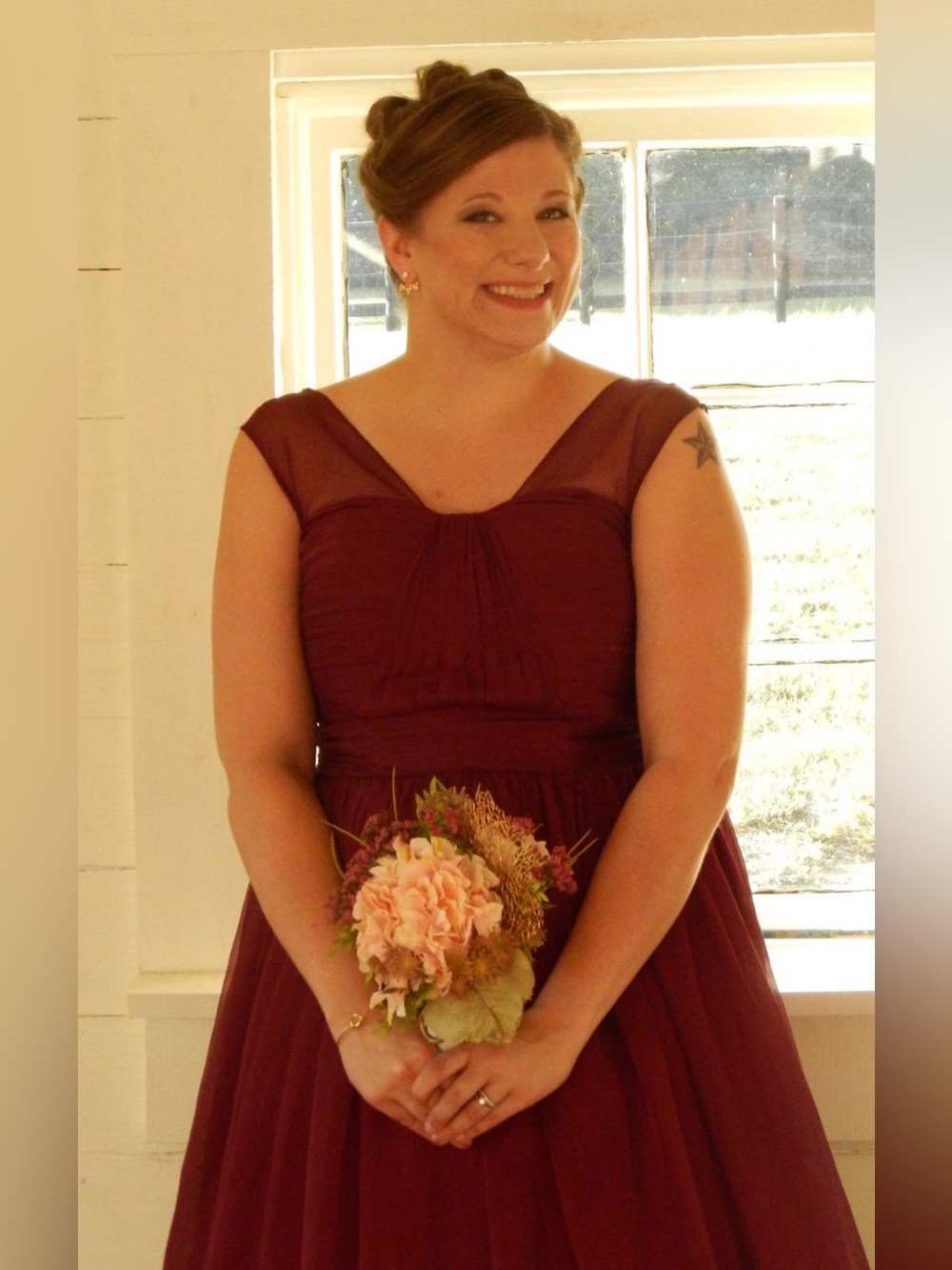 Burgundy Chiffon Faux Strapless Formal Dress